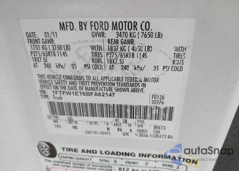 2011 Ford F-150 Lariat из США, поврежденный, VIN 1FTFW1ET6BFA62147